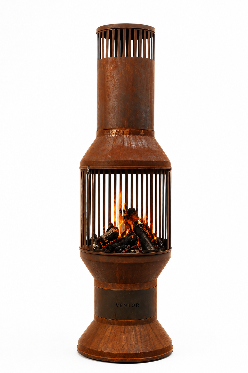 VENTOR® Original buitenhaard van cortenstaal met brandend vuur